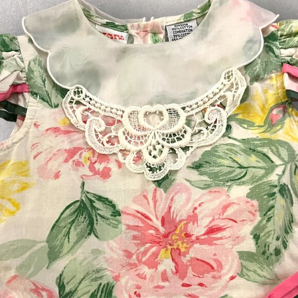 2T Girls Vintage Winnie the Pooh 80s Floral Spring Dress Lace Bib, Tiered Skirt - Picture 5 of 8